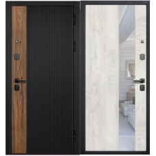 Дверь входная Ferroni КАНТРИ Муар черный/Тиковое дерево - Лиственница Камчатская с зеркалом